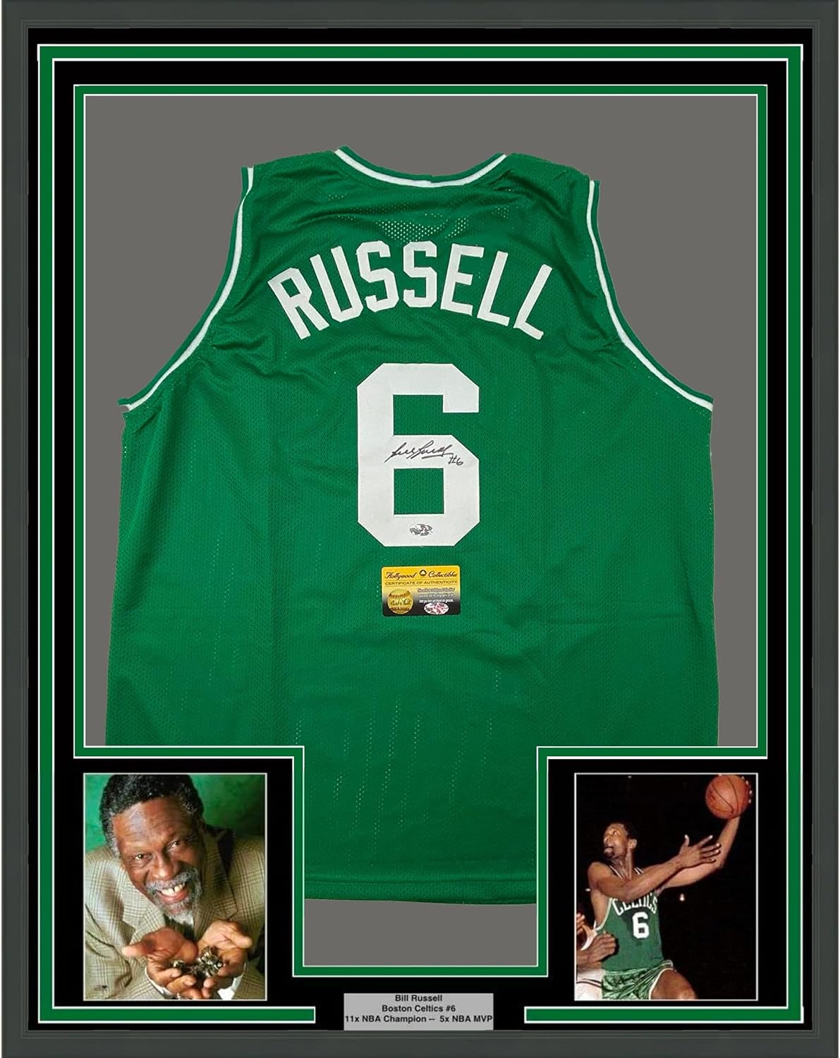 Bill Russell signed jersey worth buying,should I buy Bill Russell autographed jersey,Bill Russell signed memorabilia pros cons,best framed sports memorabilia to collect,Bill Russell jersey value,Hollywood Collectibles COA authentic condition quality and materials close-up