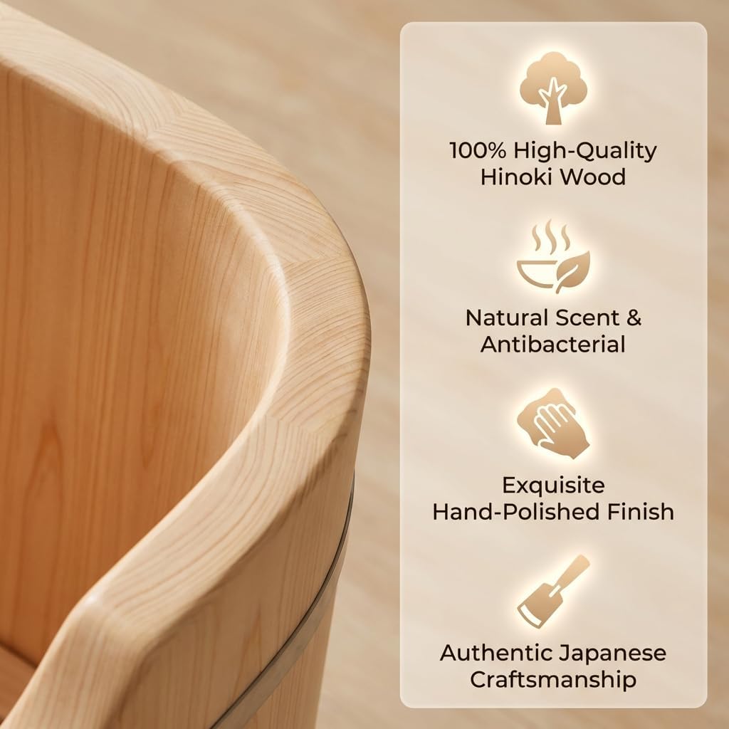 Japanese Hinoki wood bathtub worth it,should I buy a Hinoki wood tub,Japanese wood bathtub pros cons,Hinoki bathtub vs acrylic,best freestanding wood bathtub,OGOLOUG Hinoki tub honest condition quality and materials close-up