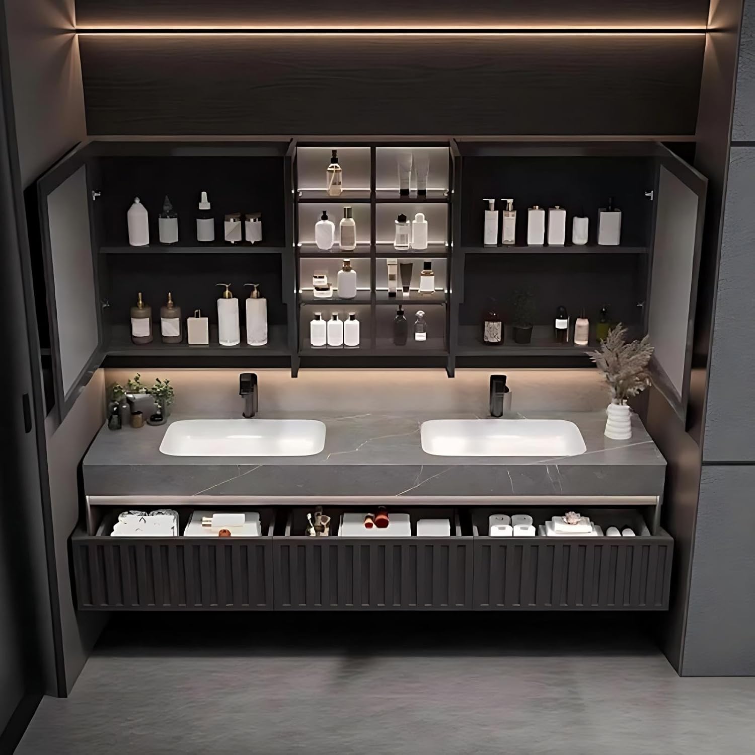 best wall mounted bathroom vanity,wall mounted vanity pros cons,should I buy a double sink vanity,bathroom vanity with smart mirror worth it,modern sink cabinet buying guide,best bathroom vanity to buy condition quality and materials close-up