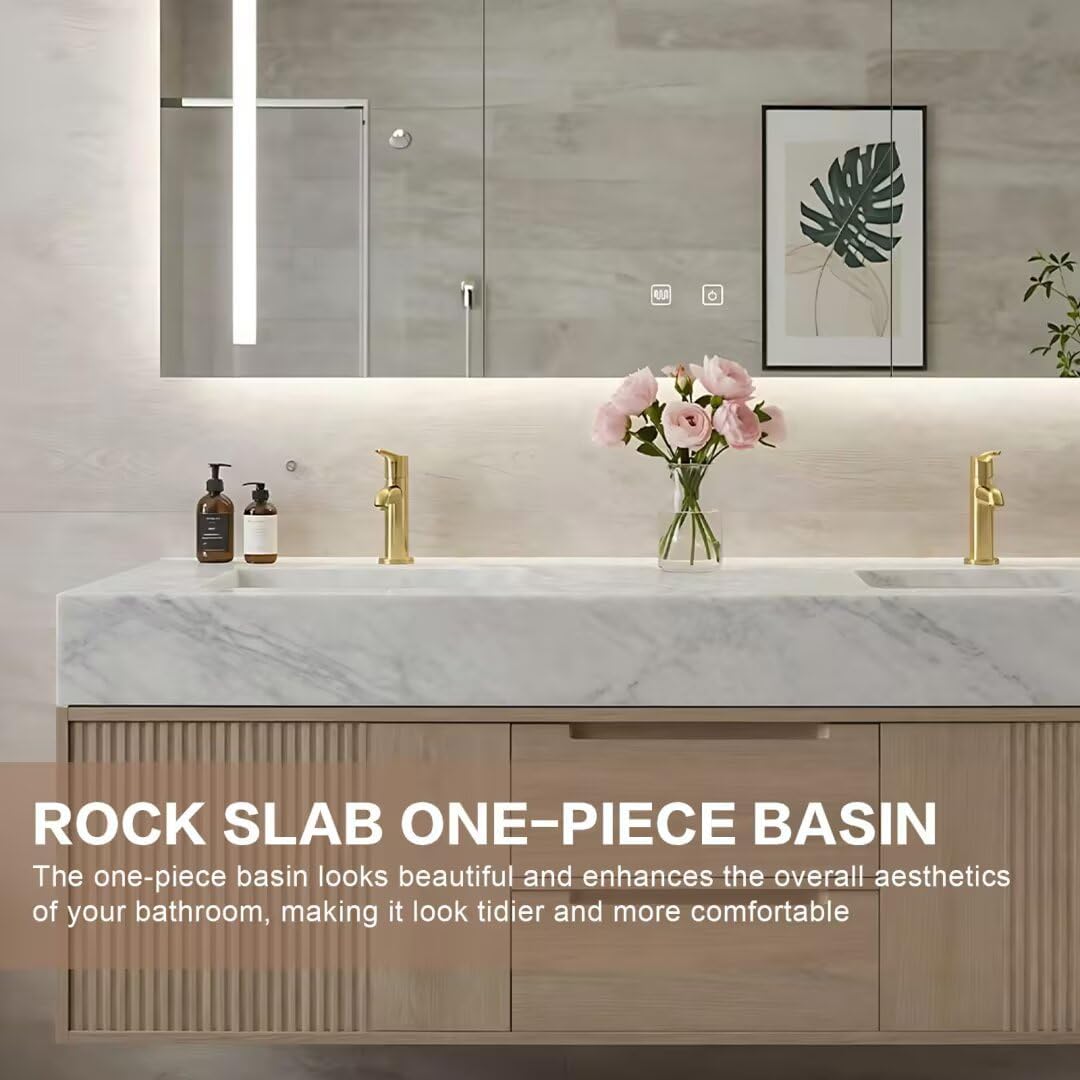 buy 60IN floating bathroom vanity,60IN floating vanity pros cons,best floating bathroom vanity,High QLO vanity worth buying,double sink floating vanity,modern minimalist vanity smart mirror condition quality and materials close-up